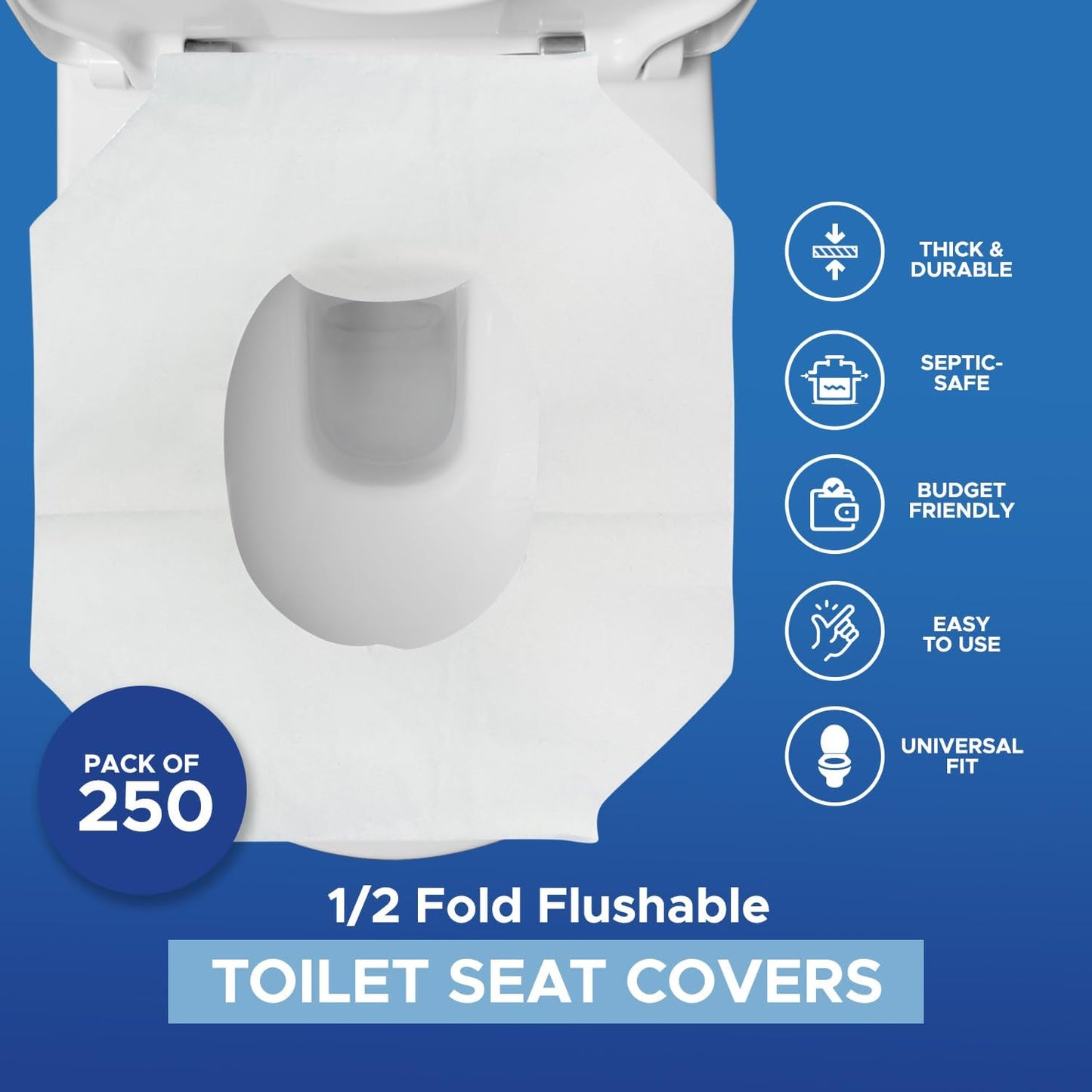 MED PRIDE Eco-Friendly Bathroom Protector Sheets - Septic Safe-Disposable Toilet Seat Covers [Pack of 250] - Flushable Toilet Seat Covers For Travel & Public Restrooms- White half-fold liners