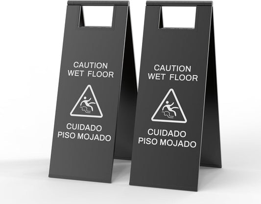 2 Pcs Wet Floor Sign, 24 Inch Black Stainless Steel Caution Wet Floor Sign Double Sided Foldable Bilingual Commercial Safety Warning for Hotel Market Restroom Restaurant Office