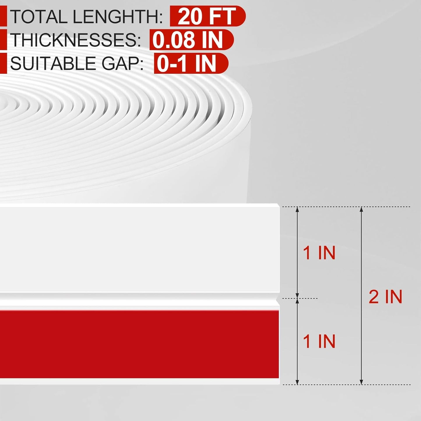 MYFAMIREA Door Weather Stripping 2IN (W) x 20FT (L) Door Draft Stopper Seal Tape Silicone Seal Strip Self Adhesive Shower Sweep Insulation Tape Side Bottom Strip for Sliding Glass Window Gap, White