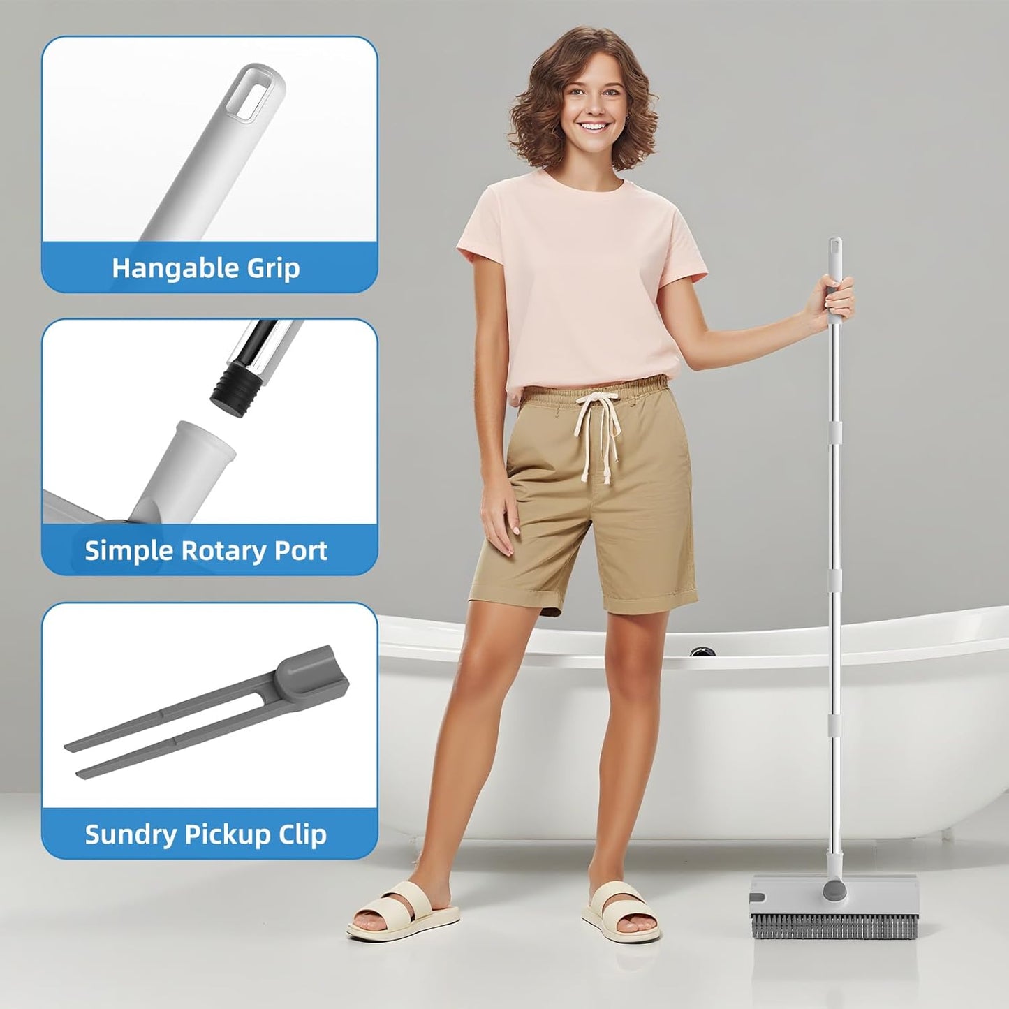 Scrub Brush with Long Handle, Floor Scrub Brush Squeegee Broom for Cleaning, 3 in 1 Shower Scrubber Floor Broom Squeegee for Concrete Tile Wall Deck Patio White