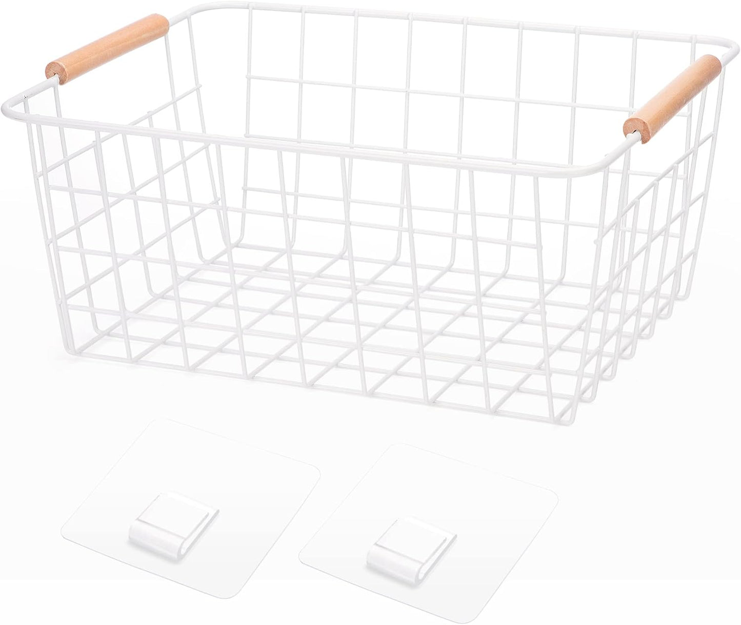 Metal Wire Food Storage Basket Organizer with Wooden Handles for Organizing Kitchen Cabinets, 2 Packs-White