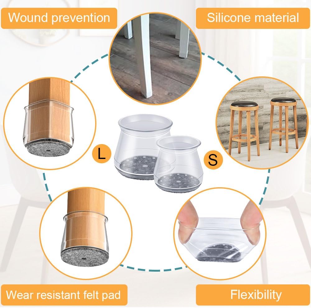 16 Pcs Chair Leg Protectors for Hardwood Floors, Silicone Felt Furniture Leg Cover Pad for Protecting Floors from Scratches and Noise, Smooth Moving, Small(Fit Round Diameter：5/16" to 1-5/16")