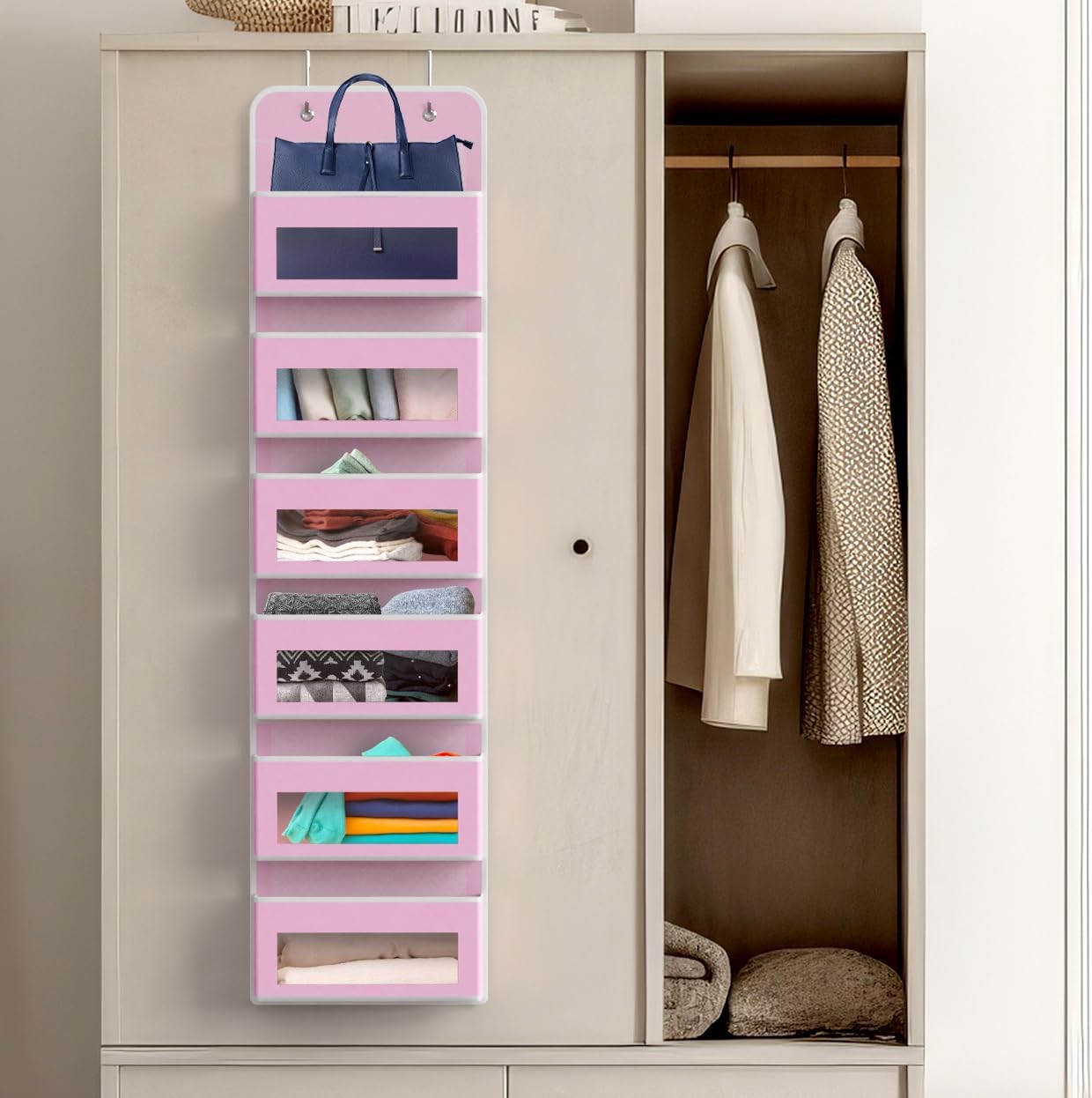 Simple Houseware 6 Clear Window Pocket Over Closet Door Storage Hanging Organizer for Bedroom, Bathroom, Pantry, Pink