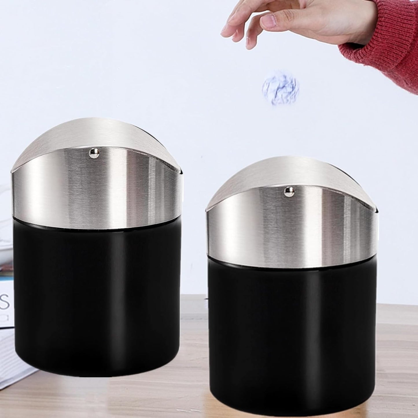 2 Pack Mini Trash Can for Desk, Swing Lid Brushed Stainless Steel Countertop Garbage Bin, Modern Tiny Waste Basket for Vanity, Makeup Tabletop, Office Desk, Coffee Table
