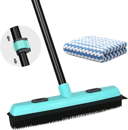 Rubber Broom Carpet Rake for Pet Hair Removal, Fur Remover Broom with 59" Telescoping Long Handle, Pet Hair Broom with Squeegee for Carpet, Hardwood Floor, Tile
