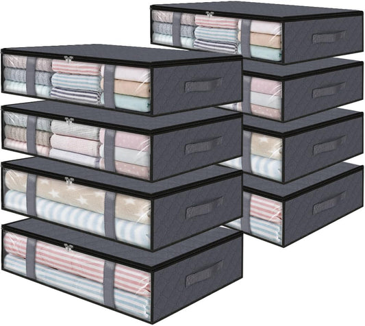StorageRight Under Bed Storage Bins, 8-Pack 40L Foldable Fabric Storage Bags with Transparent Window, Breathable Organizer for Clothes/Blanket/Comforter/Quilt, Grey