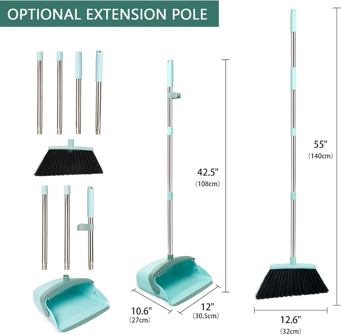 Broom and Dustpan Set, Dustpans with Broom Combo for Home, Heavy Dust Broom and Dustpan Combo, Long Handle Dust Pan and Broom Set for Kitchen, Office, Pet Hair,Green, Pack of 1