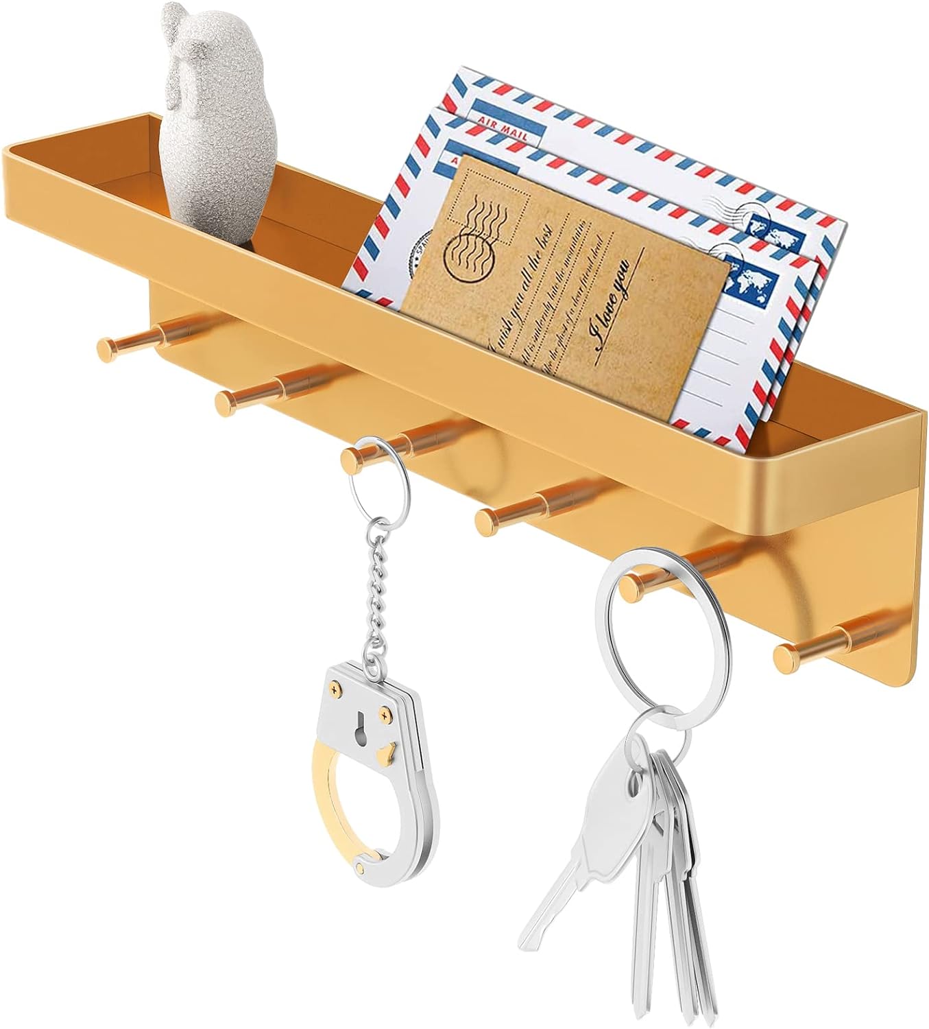 MKO Key Holder for Wall, Mail Organizer and Key Rack with Tray for Hallway, 6 Key Hooks Wall Mount Adhesive(Gold)