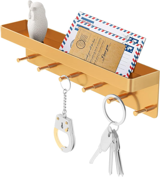 MKO Key Holder for Wall, Mail Organizer and Key Rack with Tray for Hallway, 6 Key Hooks Wall Mount Adhesive(Gold)