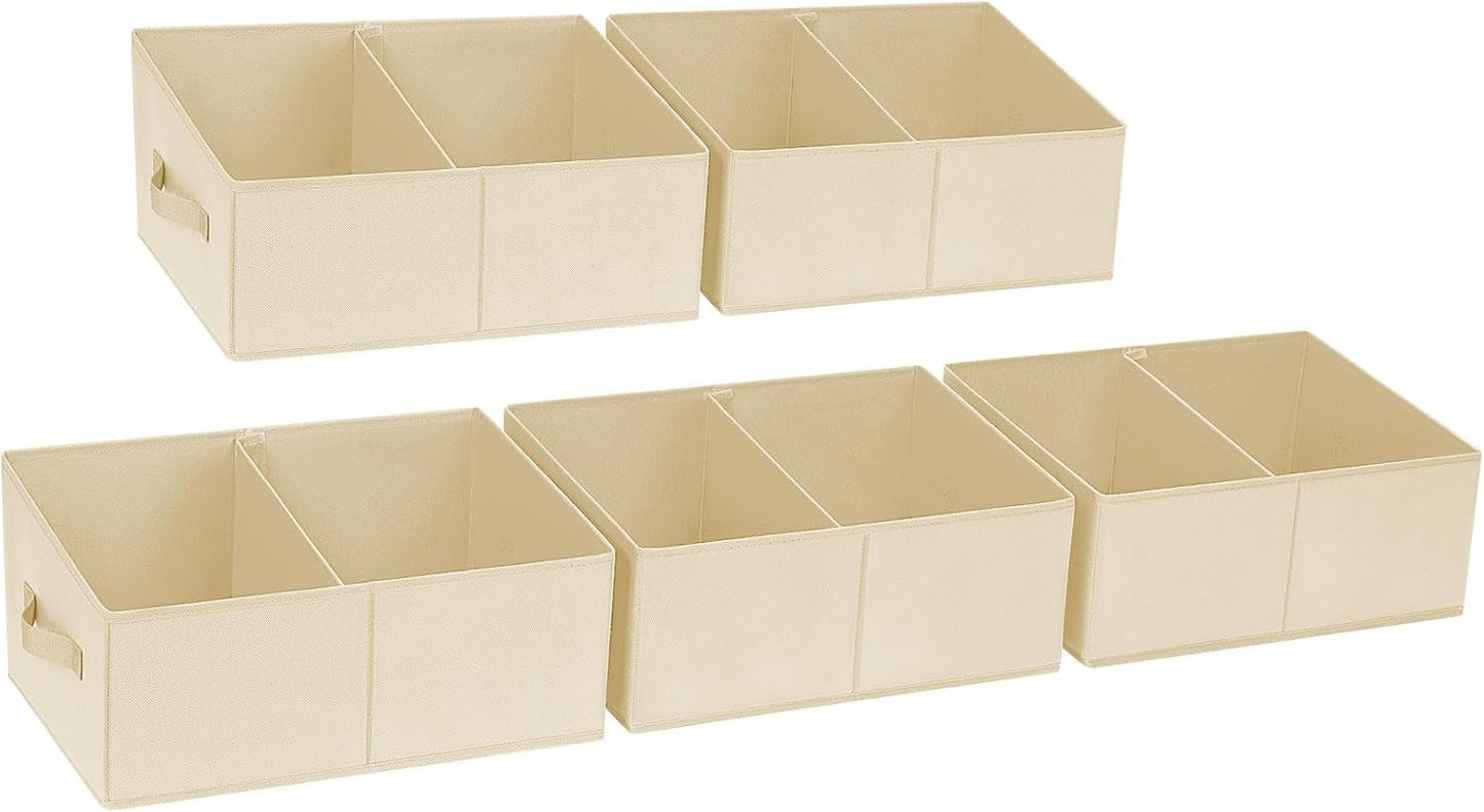 DIMJ Closet Storage Bins, 5 Pack Storage Baskets for Shelves, Foldable Closet Organizer with Handle, Linen Closet Organizers and Storage for Clothes, Toys, Towel, Books (Beige)