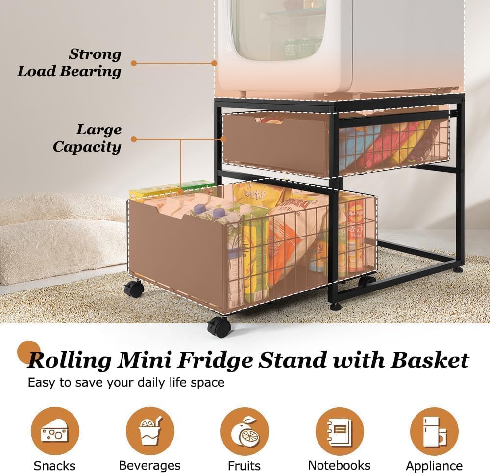 Mini Fridge Stand with Storage Drawer, 21.7”x21.7” Heavy Duty Mini Fridge Table with Wheels, Rolling Beverage Cart with Basket for Home, Office, Bedroom