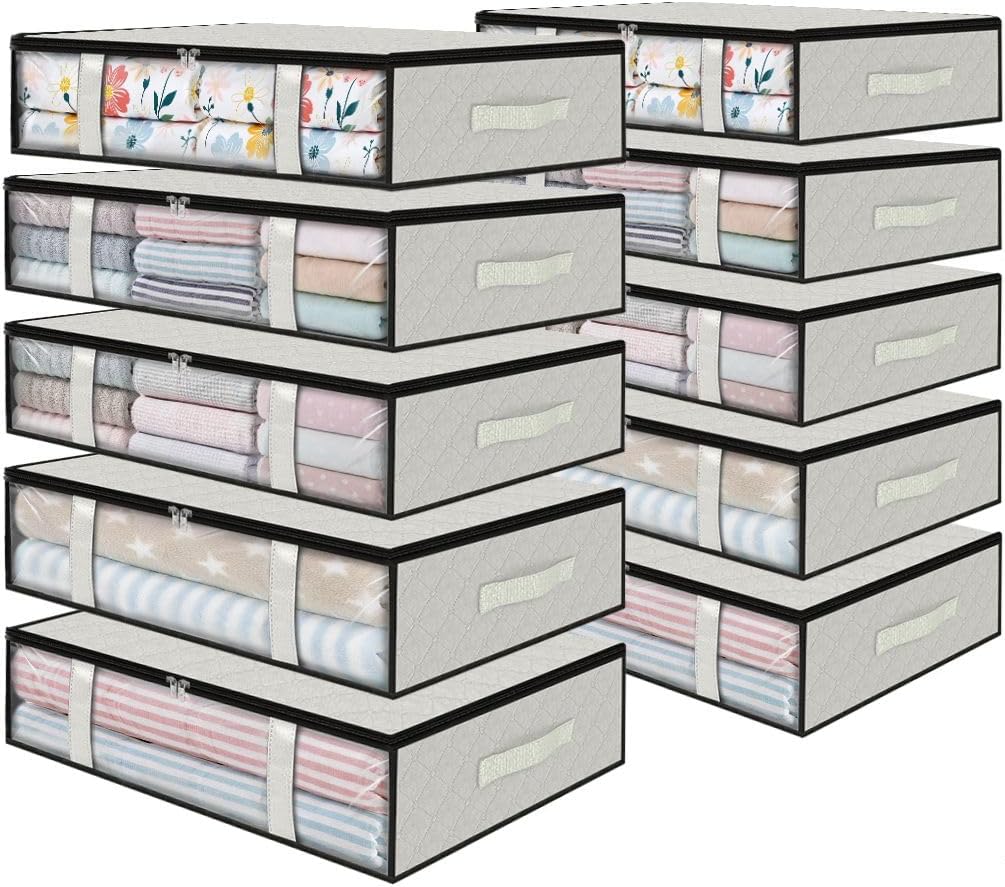 StorageRight Under Bed Storage Bins, 10-Pack 40L Foldable Fabric Storage Bags with Transparent Window, Breathable Organizer for Clothes/Blanket/Comforter/Quilt, White