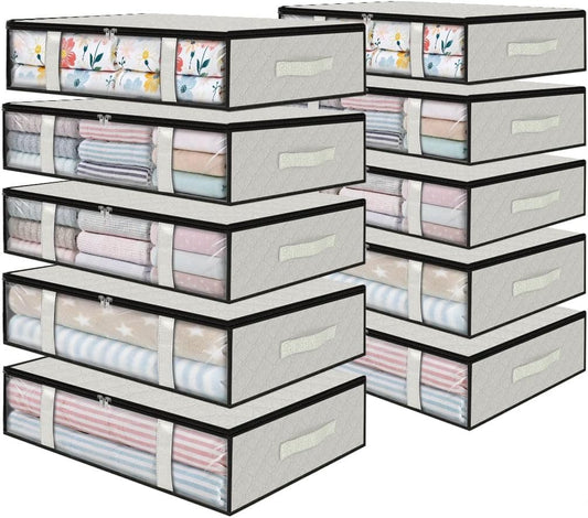 StorageRight Under Bed Storage Bins, 10-Pack 40L Foldable Fabric Storage Bags with Transparent Window, Breathable Organizer for Clothes/Blanket/Comforter/Quilt, White