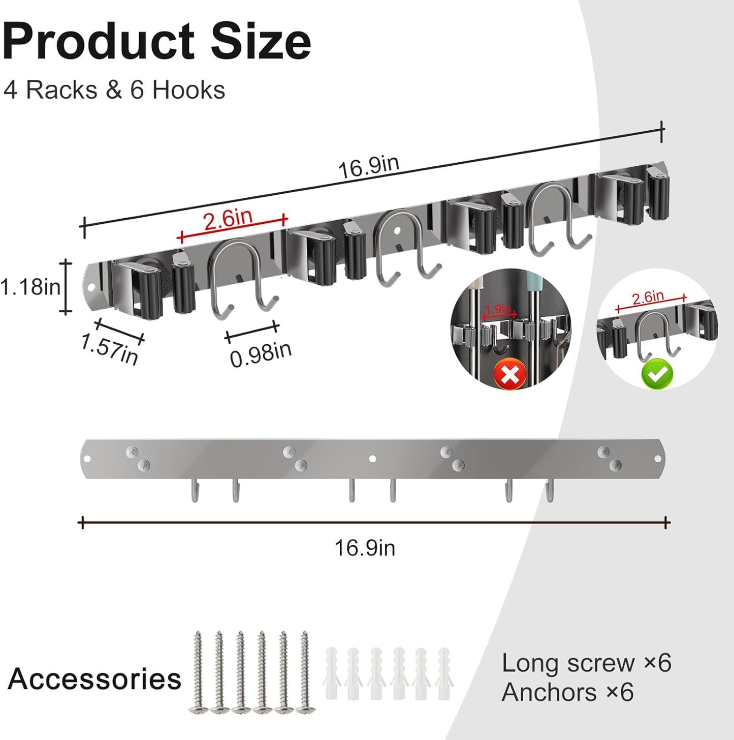 Mop Broom Holder Wall Mount, 2 Packs Silver Stainless Steel Tool Storage Organizer for Kitchen Garden Garage Laundry Room Bathroom and RV with 4 Slots 6 Hooks