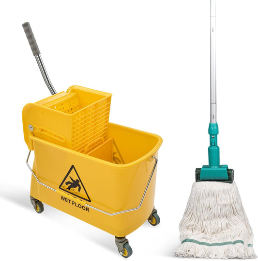 22 Qt (5.5 Gallon) Mop Bucket with Wringer for Floor Cleaning, Handle, Wheels, 16.5" L x 10.6" W x 26.4" H, Yellow,Add One Loop-end String Mop