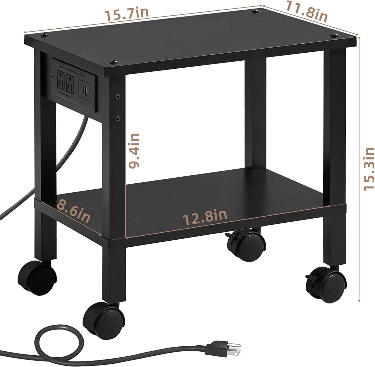 Lerliuo Under Desk Printer Stand with Charging Station, 2 Tier Wooden Small Printer Table with Storage, Rolling Printer Cart Shelf with Lockable Wheels for Home, Office (Black)
