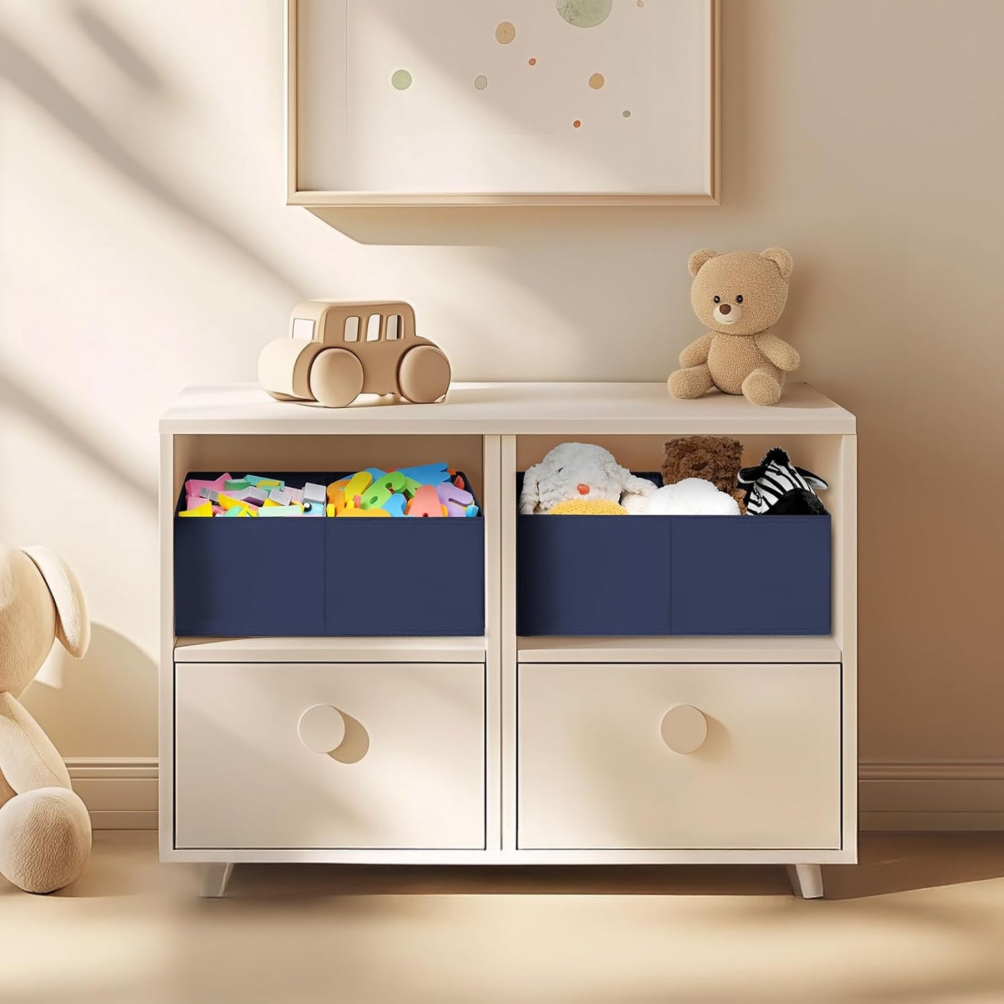 DIMJ Large Closet Shelf Organizer Bins 4 Packs with Handles and Divider, Fabric Trapezoid Storage Baskets, Foldable Clothes Containers Box for Shelf, Towel, Book, Toy, Purse, Hats, Navy Blue