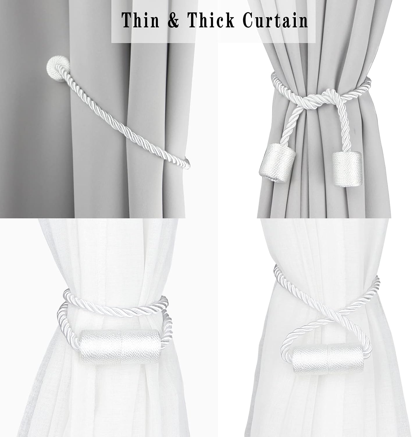 2 Pack White Strong Magnetic Curtain Tiebacks Outdoor Elegant Decorative Tie Backs Modern Rope Tiebacks for Drapes Window Curtain Holdbacks for Draperies