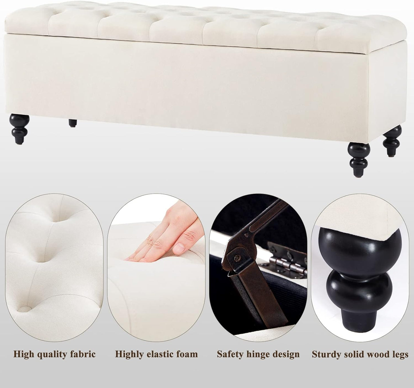 Living&Giving Storage Ottoman 50.2 Inches Upholstered Fabric Storage Ottoman Bench，Button Tufted Ottoman with Storage for Living Room，Bedroom End of Bed Bench Withstands 304lbs (Ivory-TP)