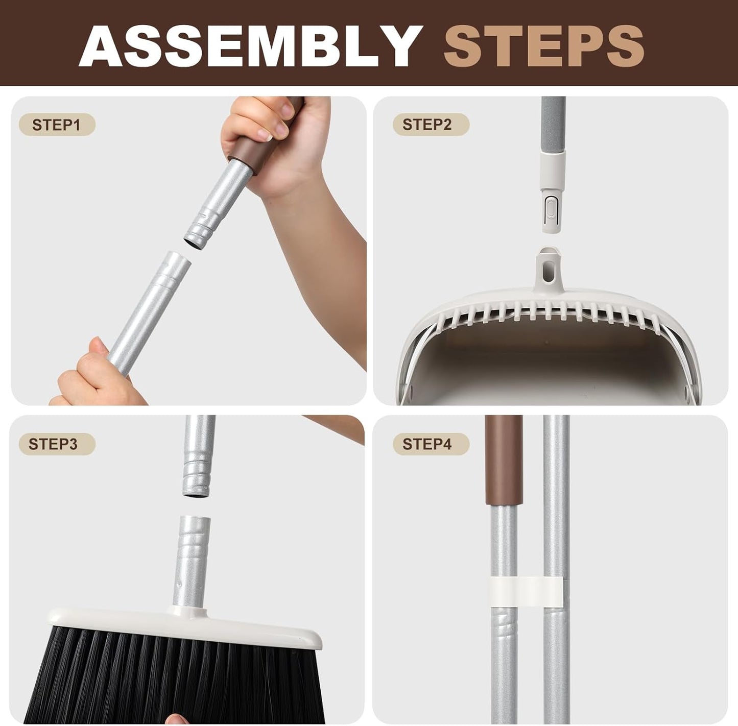 54" Long Handled Broom and Dustpan Set - Perfect Dust Pan and Brush Combo for Efficient Cleaning, Brown and White