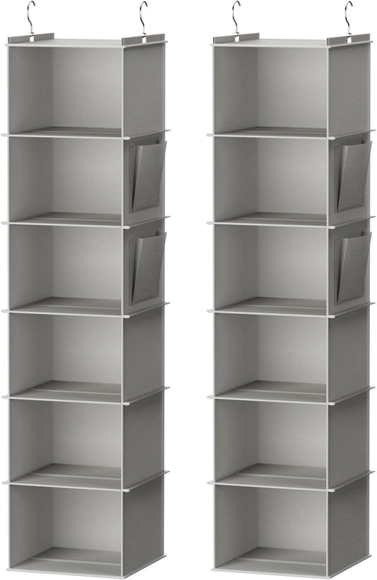 YOUDENOVA Hanging Closet Organizer, 6-Shelf Closet Hanging Storage Shelves, 2 Packs, Light Grey