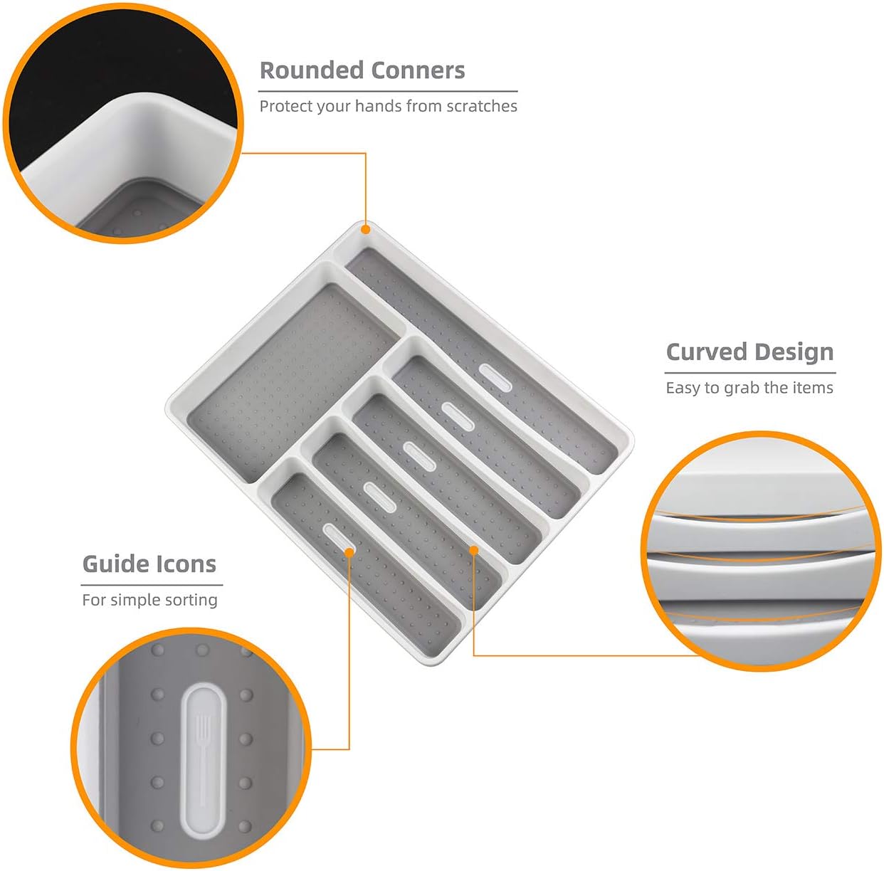 LeMuna Silverware Organizer Tray for Drawer, 6 Compartment Kitchen Drawer Organizer, Soft Grip Lining and Non-Slip Rubber Feet, Flatware Plastic Cutlery Tray