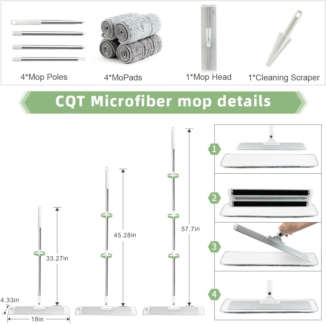 CQT Commercial Flat Microfiber Floor Mop Cleaning System 18" Inch Wet Dry and Dust Hardwood with 4 Washable Pads Cleaner for Laminate Tile Stainless Steel Handle and Extension (PT12-WET)