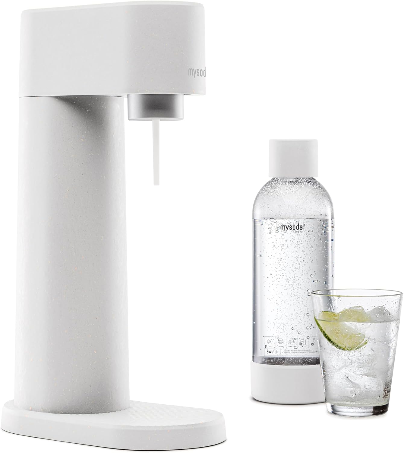 Mysoda Carbonating Bottles 2Pck 1L - Compatible with MySoda and any brands - Quick-Lock Reusable Bottles - Lid and Base Made of Wood Composite - BPA Free - White