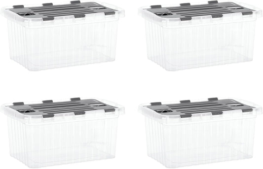 Superio Clear Storage Boxes with Attached Lids, Plastic Container Bins with Hinged Lids for Organizing, Stackable Crates, BPA Free, Non Toxic Organizers (4 Pack, 17"x11.65"x8.75")
