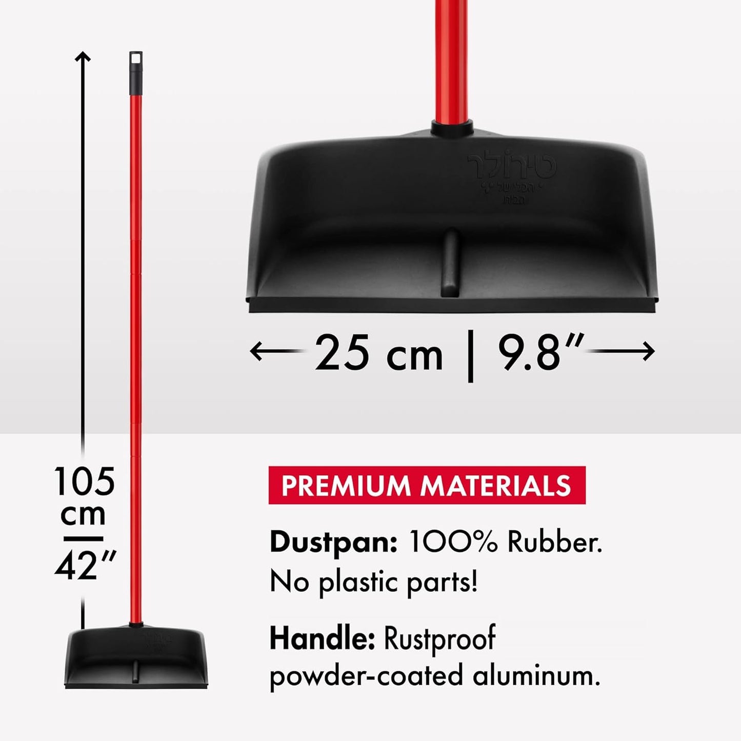 Dustpan with Handle by Ravmag- Solid Natural Rubber Construction- 40” Long Handled Dust Pan- Stand Up Design- Accommodates Any Broom/Hand Brush- Best Dustpans for Home/Lobby/Shop