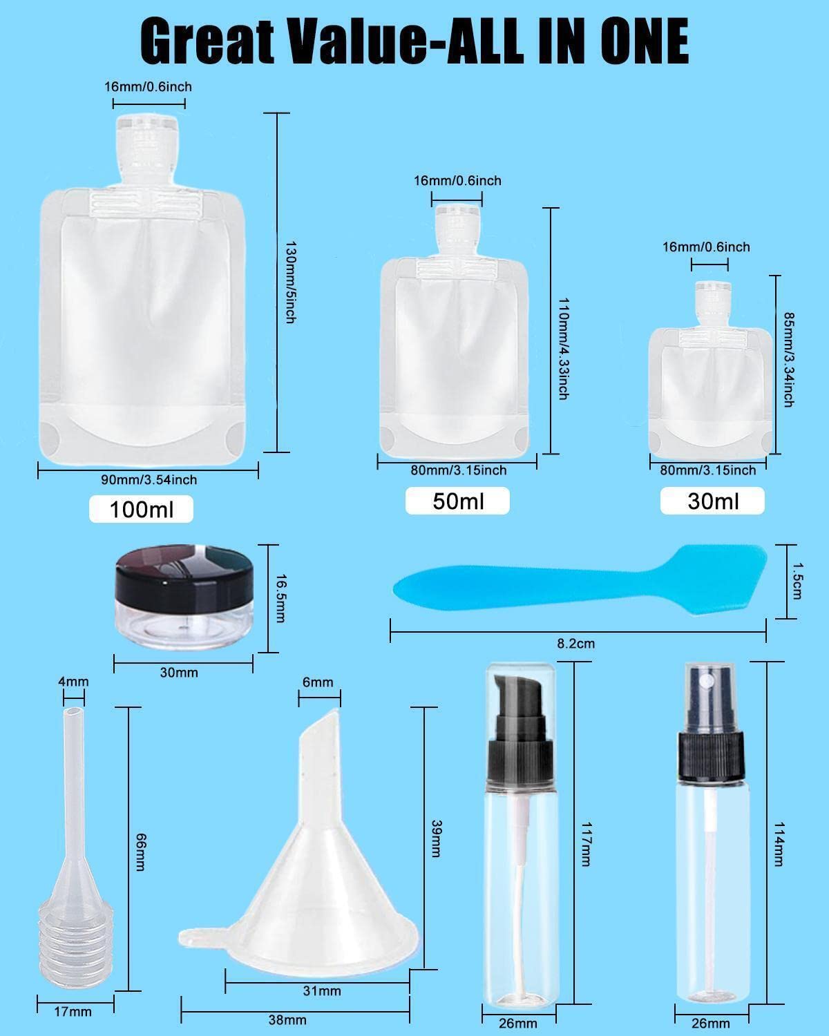 17 Pack Travel Pouches for Toiletries,TSA Approved,Portable Containers,Stand Up Pouch,Refillable Travel Accessories for Shampoo Conditioner Lotion Soap Liquids (A-17pcs)