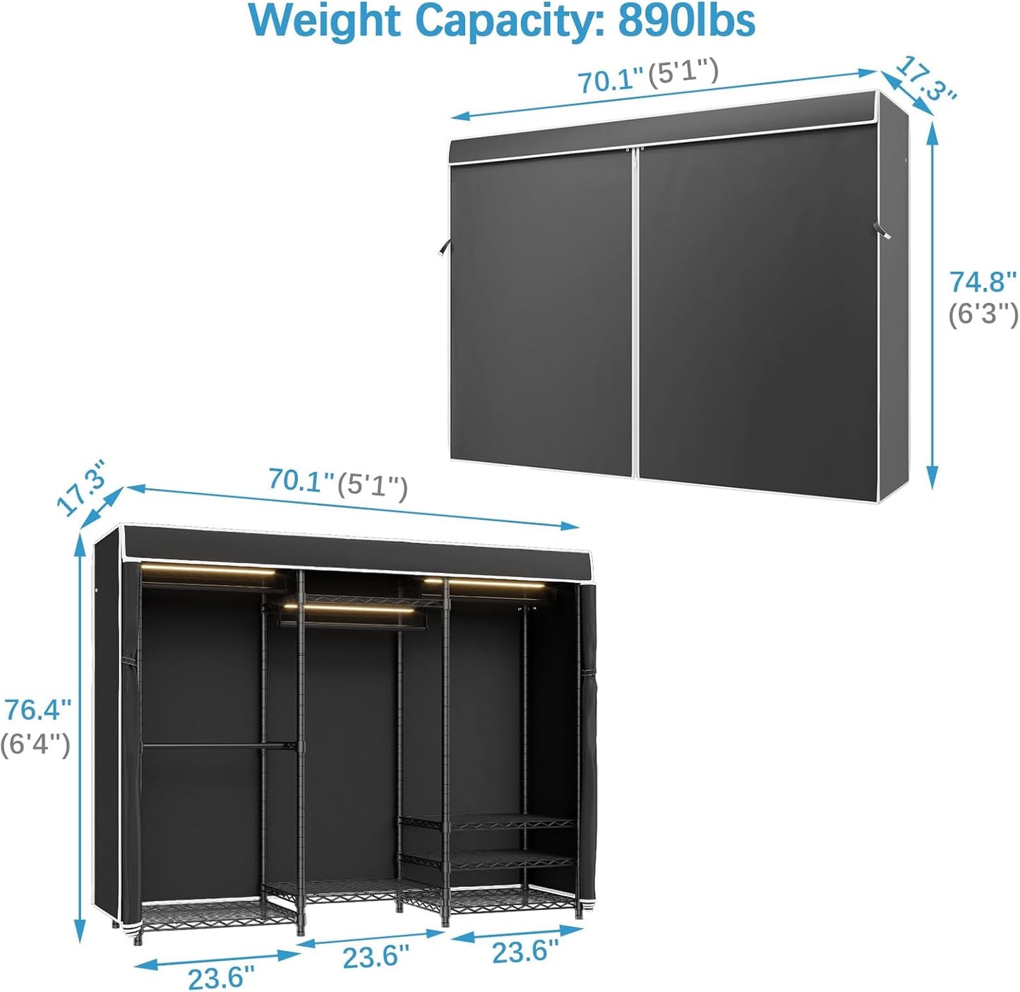 VIPEK V5LC Garment Rack Heavy Duty Covered Clothes Racks with Dimmable LED Light 3000K Warm White, Portable Closet Wardrobe Freestanding Clothing Racks for Hanging Clothes, Black Rack with Black Cover