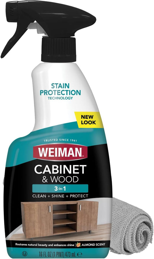 Weiman Cabinet & Wood Clean & Shine Spray - Furniture, Kitchen Cabinets, Baseboard & Trim, Fresh Almond Scent, Microfiber Cloth Included