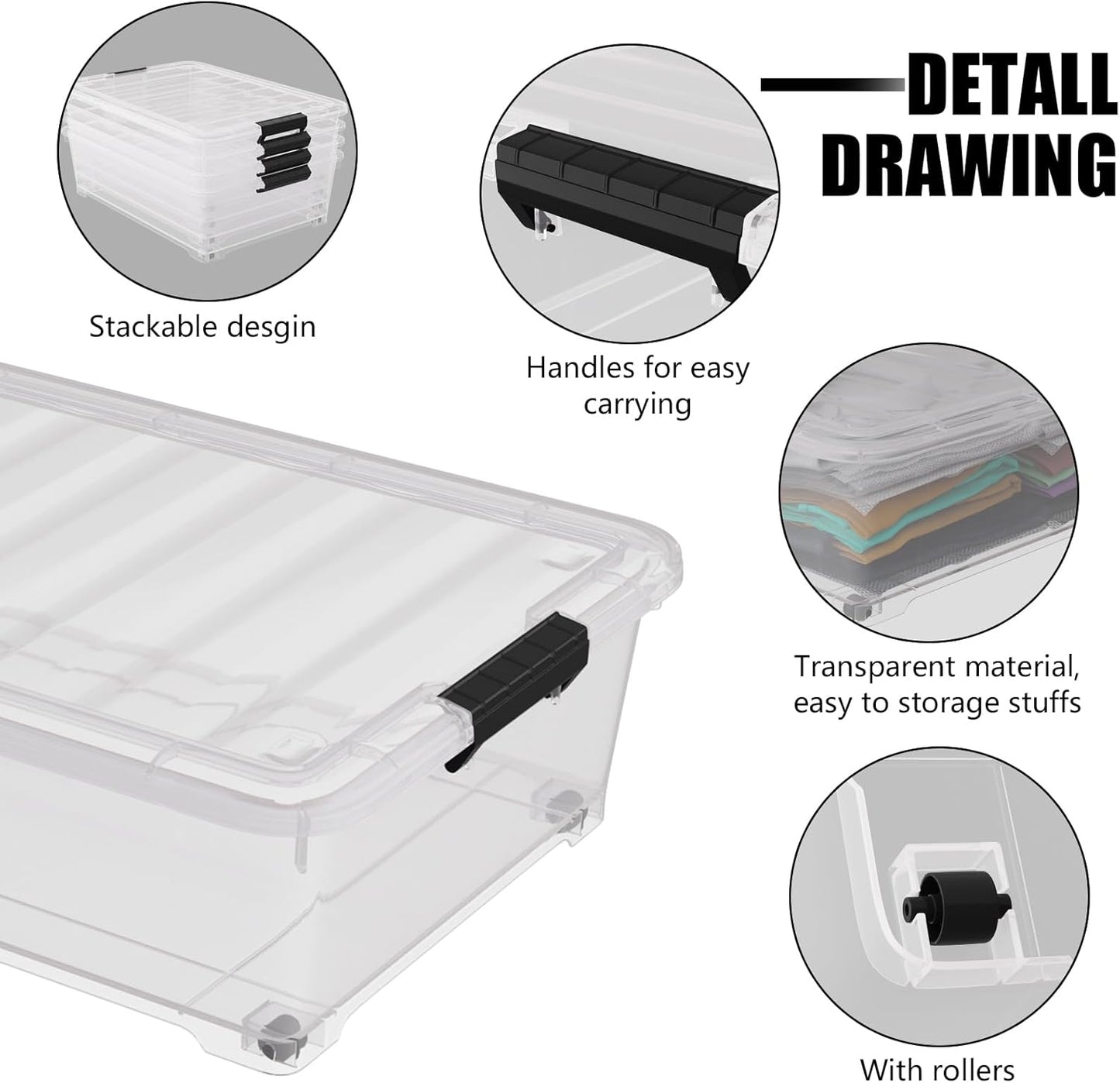 4 Pack Multipurpose 25 Qt Underbed Secure Latching Bin, Plastic Storage Container with Snap-On Lid and Wheels, Clear