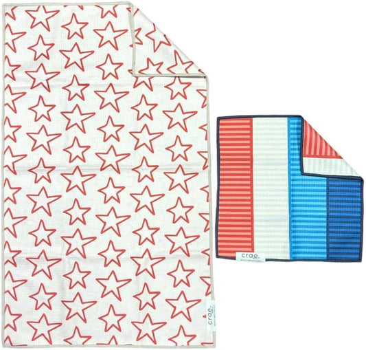 Microfiber Hand Towel & Washcloth Set of 2 - Double-Sided, Waffle Weave, Super Absorbent, Lint-Free, Fast Drying - Stars & Stripes Pattern for Bathroom, Kitchen, Car, and Window Cleaning