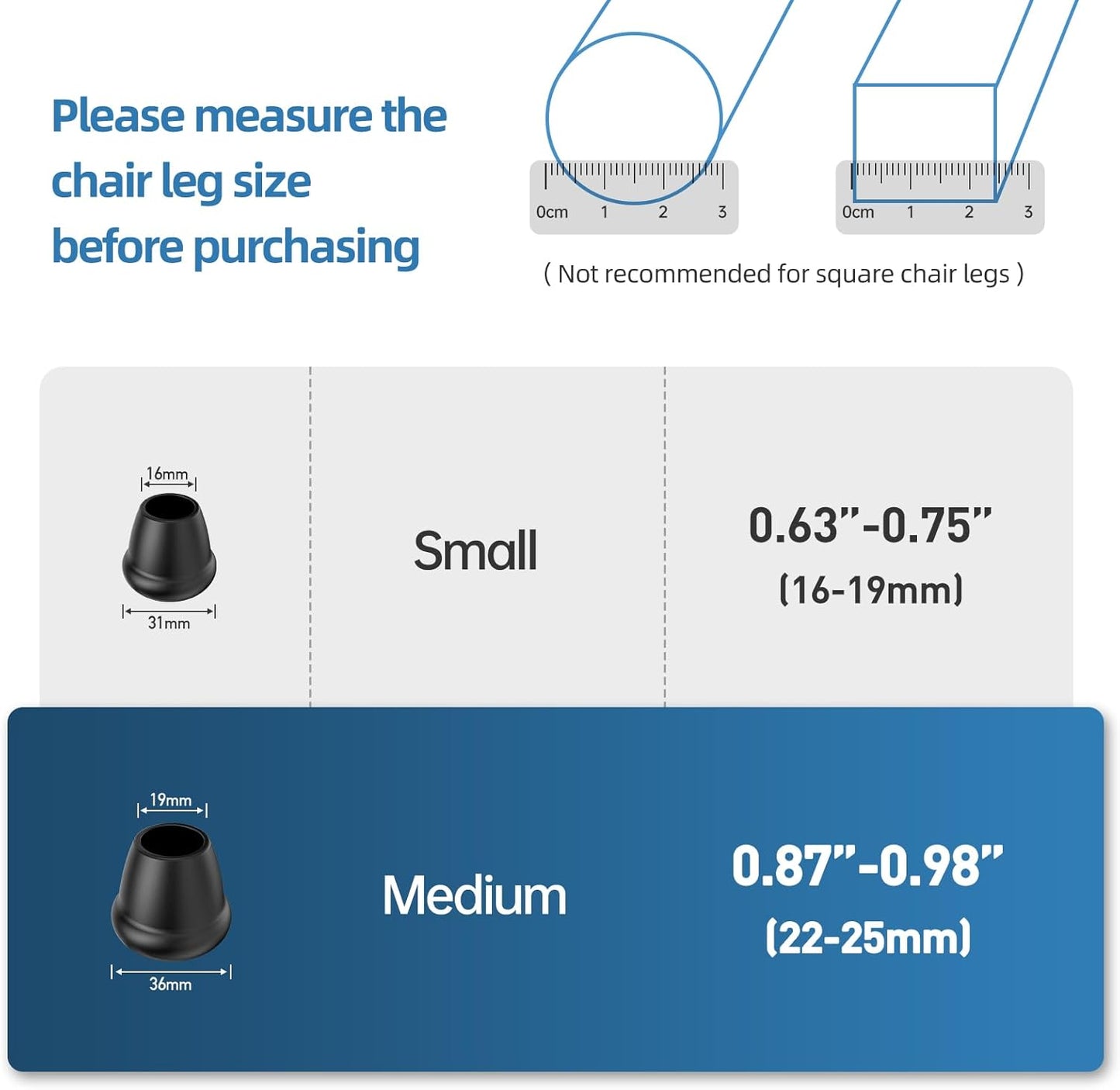 1 Inch Heavy Duty Rubber Chair Leg Caps - 8 PCS Non-Slip Furniture Floor Protectors with Metal Inserts for Wood, Tile, Carpet - Fits Chairs,Stools,Bar Stools