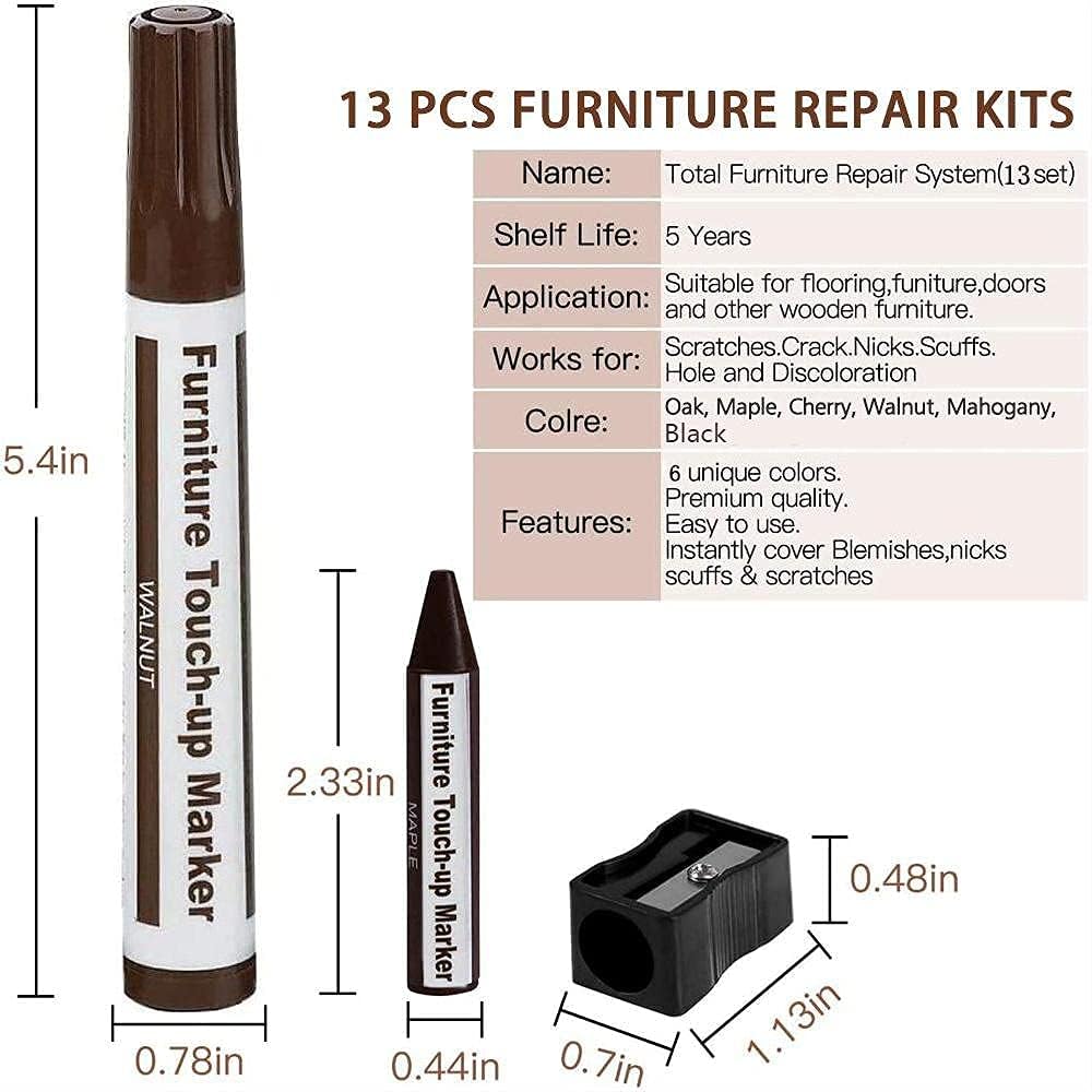 Furniture Repair Kit Wood Markers - Set of 13 - Markers and Wax Sticks with Sharpener Kit, for Stains, Scratches, Wood Floors, Tables, Desks, Carpenters, Bedposts, Touch Ups, and Cover Ups