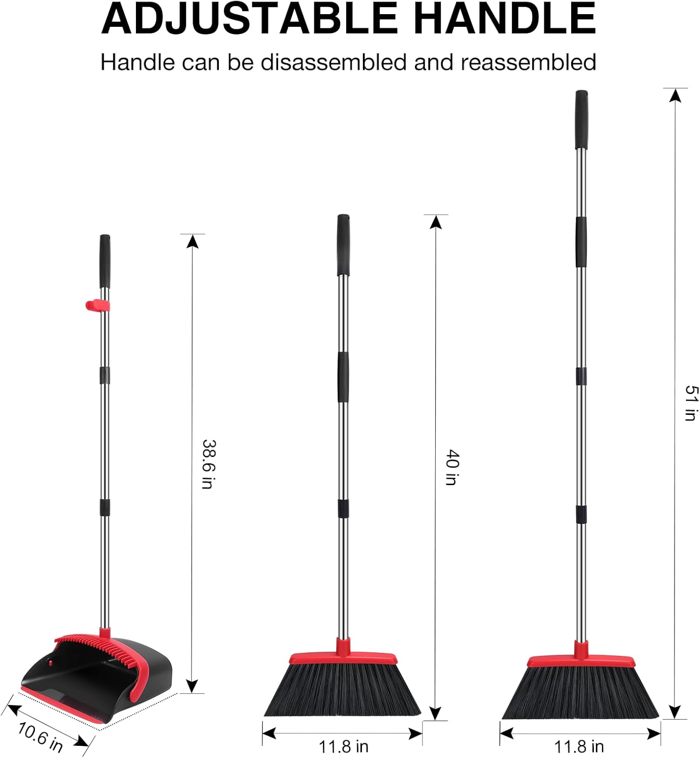 NACENA Broom and Dustpan Set, 52-in Long Adjustable Handle Broom Dustpan Combo with Dustpan Teeth to Automatically Clean Hair Suitable for Home Kitchen Office Hall Floor (Black&Red), 4 Pack