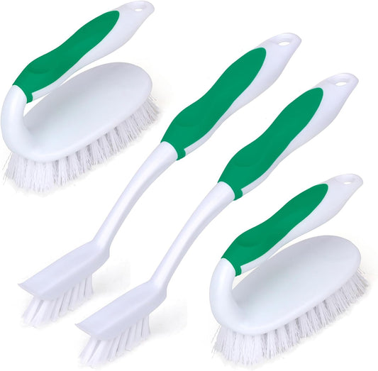Scrub Brush Set, 4 Pack Deep Cleaning Brush Kit - 2 Scrub Brush, 2 Tile & Grout Brush with Built-in Scraper, Household Commercial Scrubber for Floor, Shower, Pool Wall, Tub (Green)