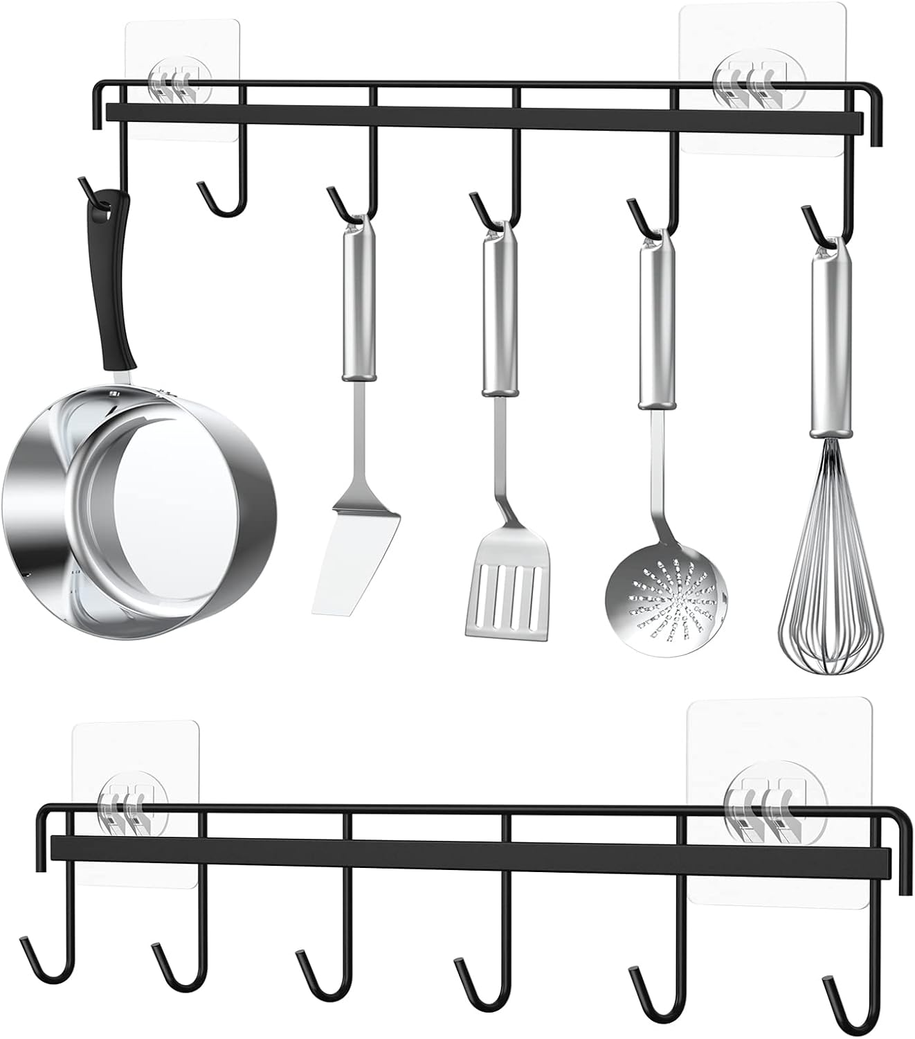 Myfolrena Adhesive Kitchen Hooks Utensil Hanger Holder Hanging Rack 2 Pack, Hanging Rack Wall Mounted Kitchen Rail for Spoons Pot Coffee Mug Cups Tags(Black)