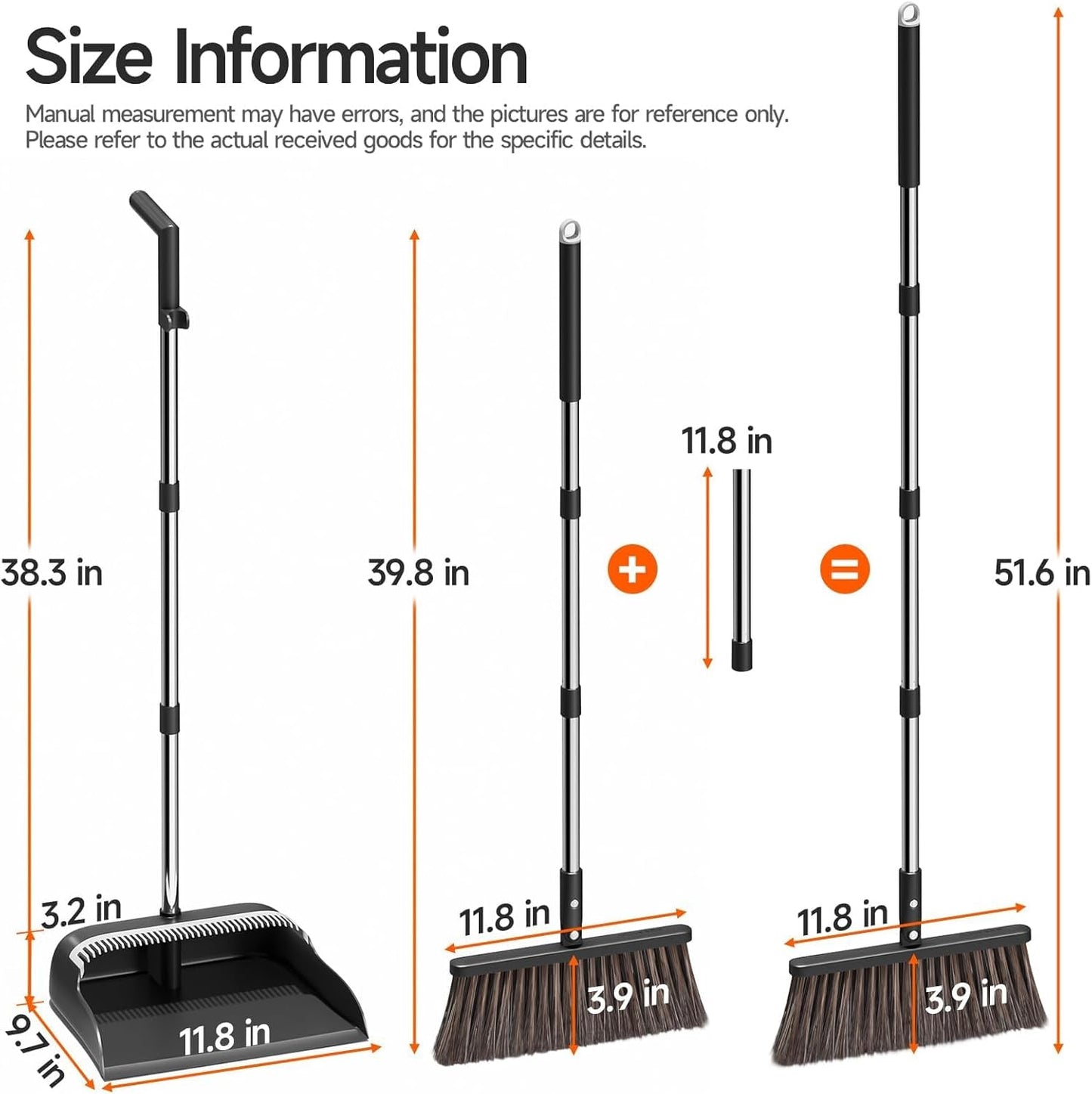Broom and Dustpan Set for Home, Extra Brush Head & 51.6" Adjustable Long Handle, with Comb Teeth for Pet Hair, Lightweight Indoor Sweeping Kit for Hardwood Floor