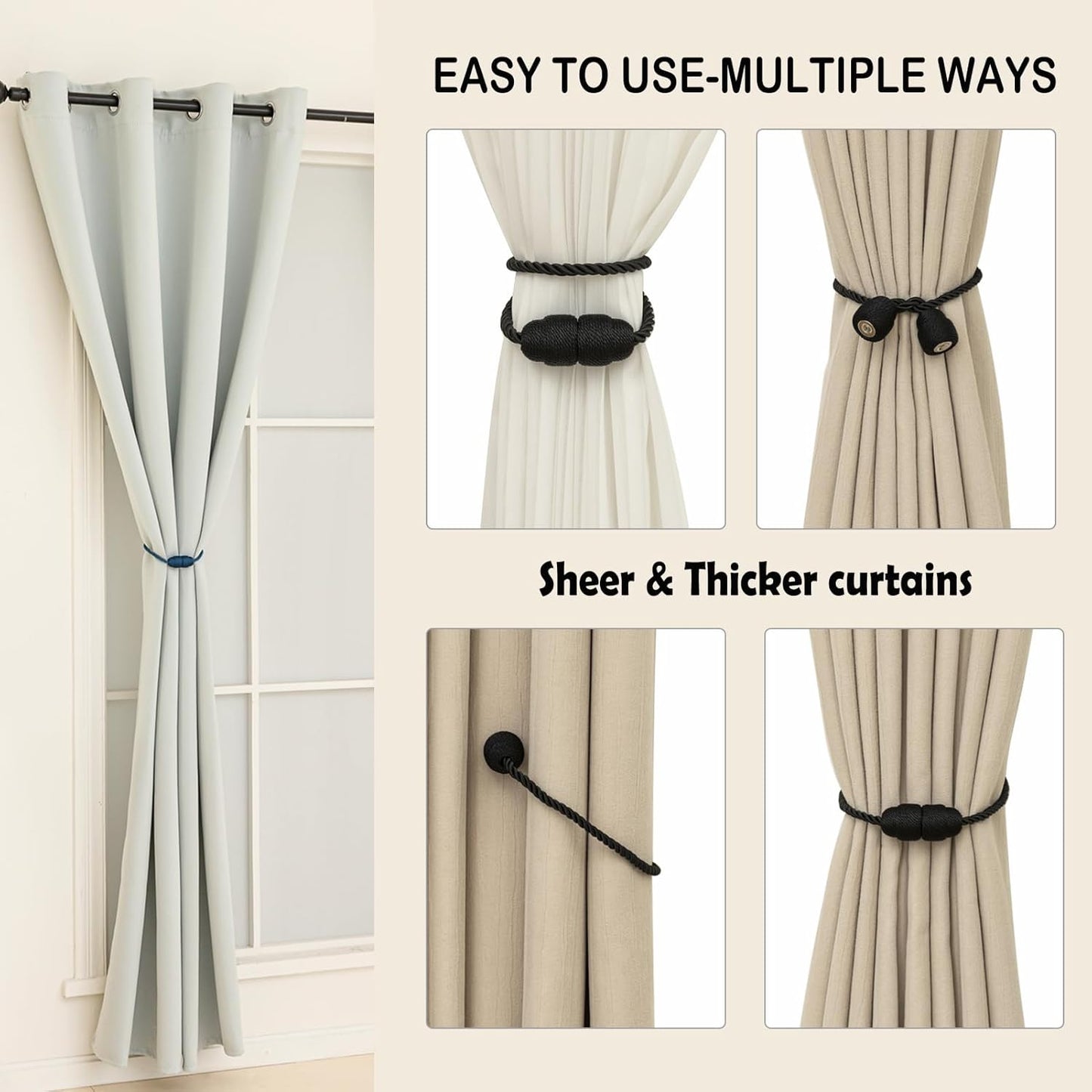 Magnetic Curtain Tiebacks Rope Curtain Tie Backs for Curtains 6 Pack Curtain Holders for Drapes Decorative Window Curtain Holdbacks, Black