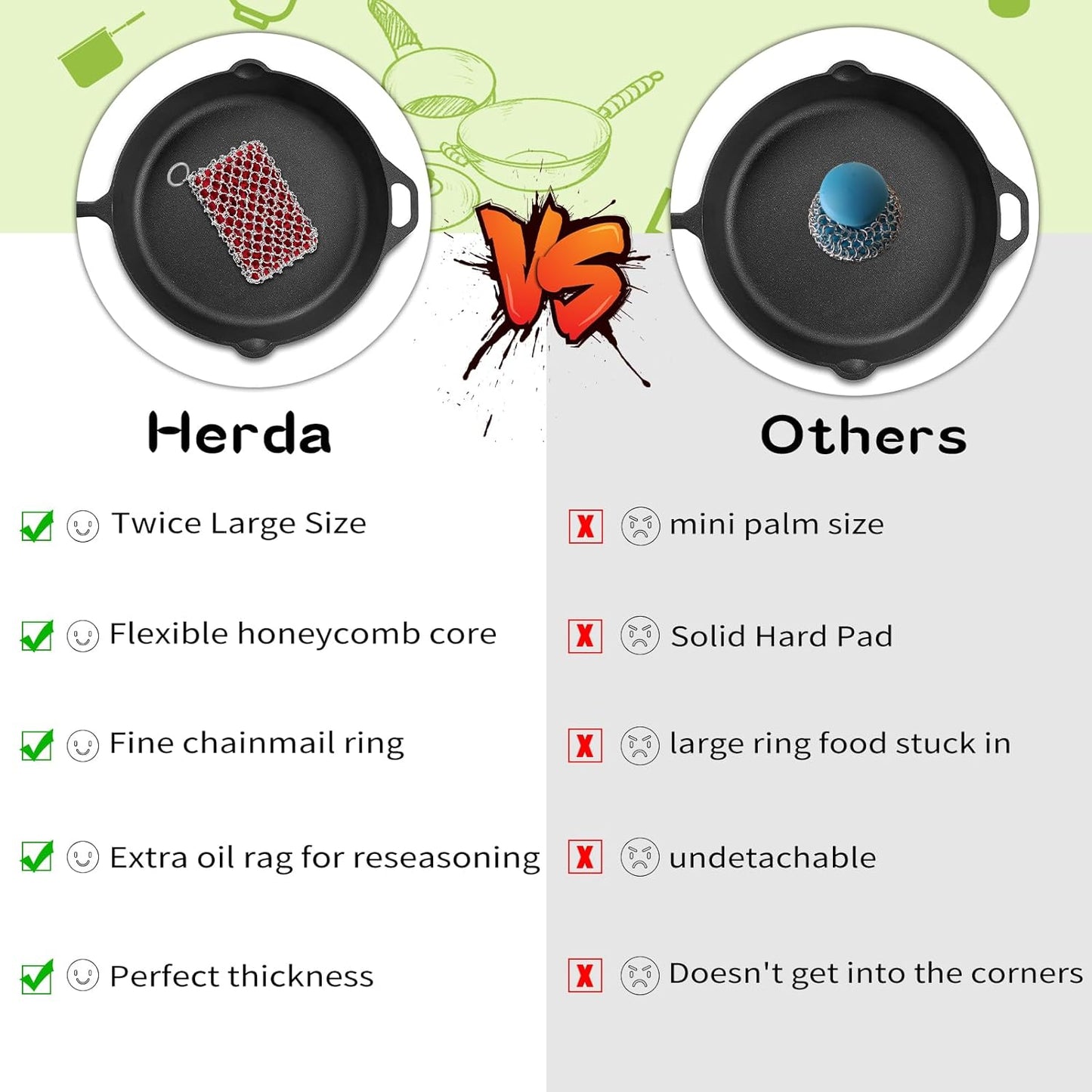 Herda 316L Cast Iron Scrubber Cleaner, Large Cast Iron Chain Mail Scrubber - Chainmail Scrubber Sponge - Metal Skillet Scrubbing, Wok, Dutch Oven Cleaning Kit