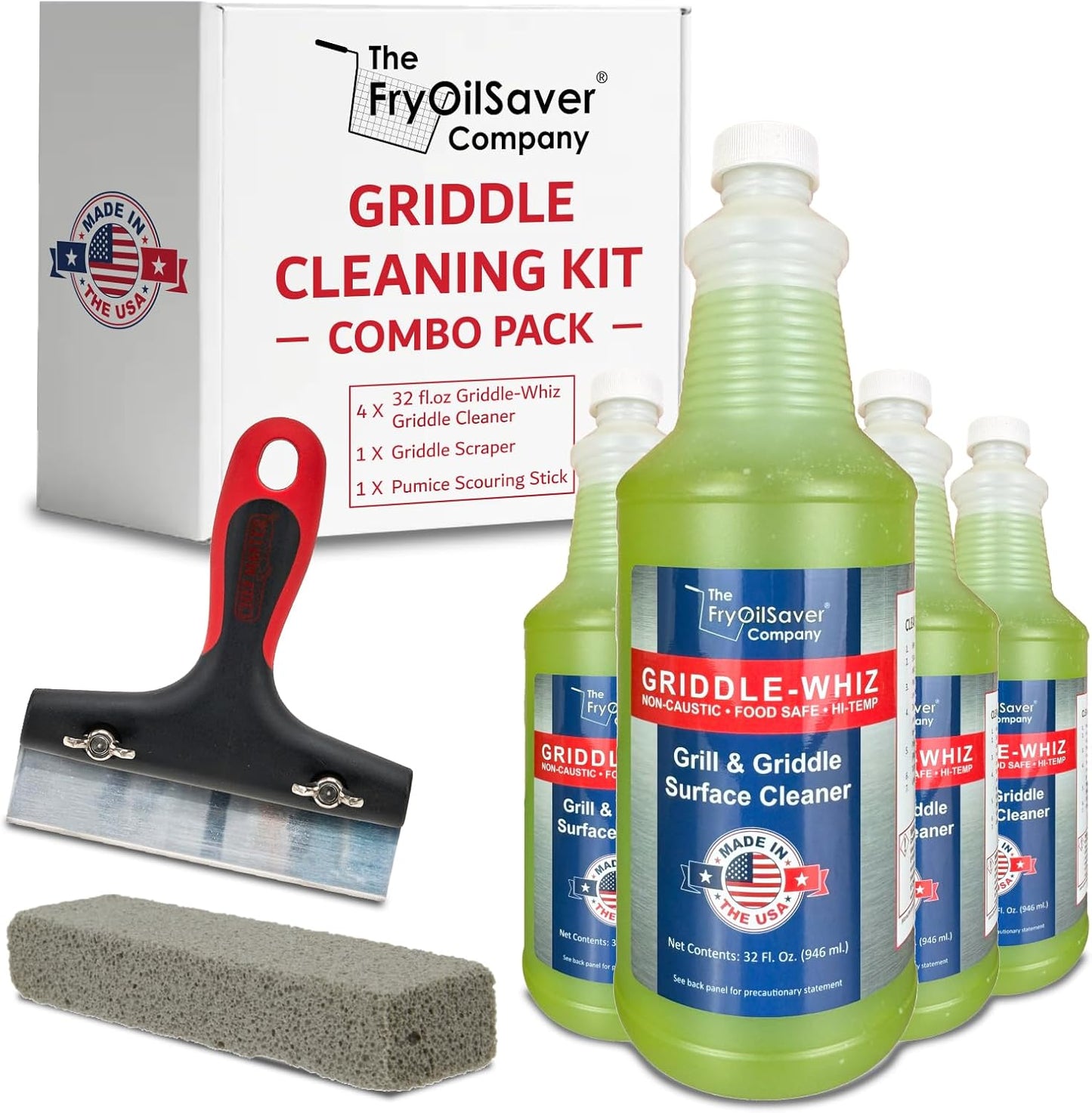 Combo Kit Flat Top Grill Griddle Surface Cleaner, 4-Pack Griddle-Whiz plus Griddles Scraper plus Pumice Stone for Tough Grease & Food Buildups for Griddles & Flat Top Grills