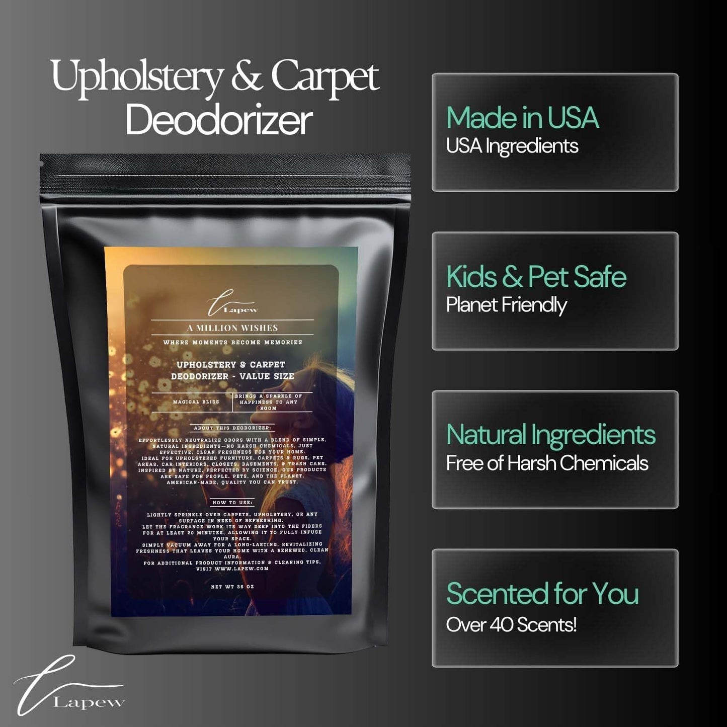 A Million Wishes Carpet Freshener Powder Refill 36 oz | Powerful Odor Eliminator for Home | Upholstery Deodorizer | Carpet Deodorizer | Pet Urine | Cat Litter Box | A Thousand Wishes Fragrance