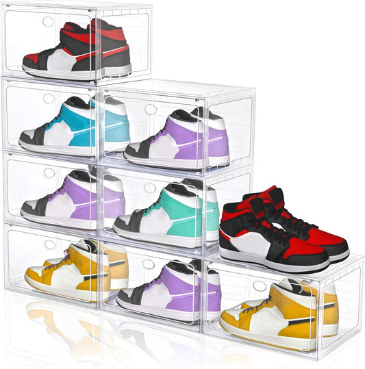 Large Shoe Boxes Clear Plastic Stackable, 8 Pack Drop Side Shoe Storage Organizer with Magnetic Door, Shoe Container Sneaker Storage Display Case Fit up to US Size 13 CLEAR