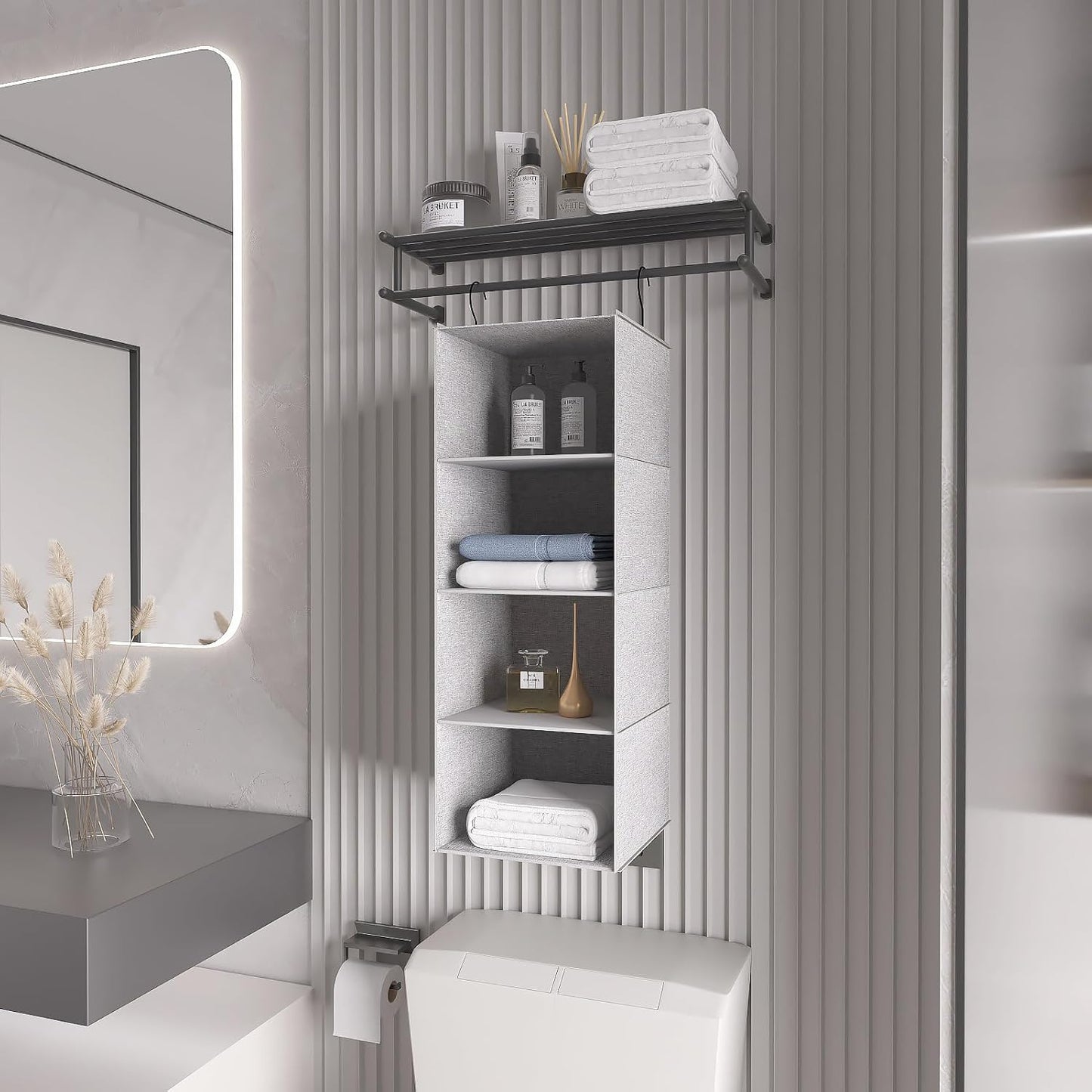 Hanging Closet Organizer, Easy Mount Collapsible 4-Shelf Camper Closet Wardrobe Hanging Storage Shelves, Folded Clothes Towels Handbag Shoes Accessories Storage, Linen Cloth, Gray