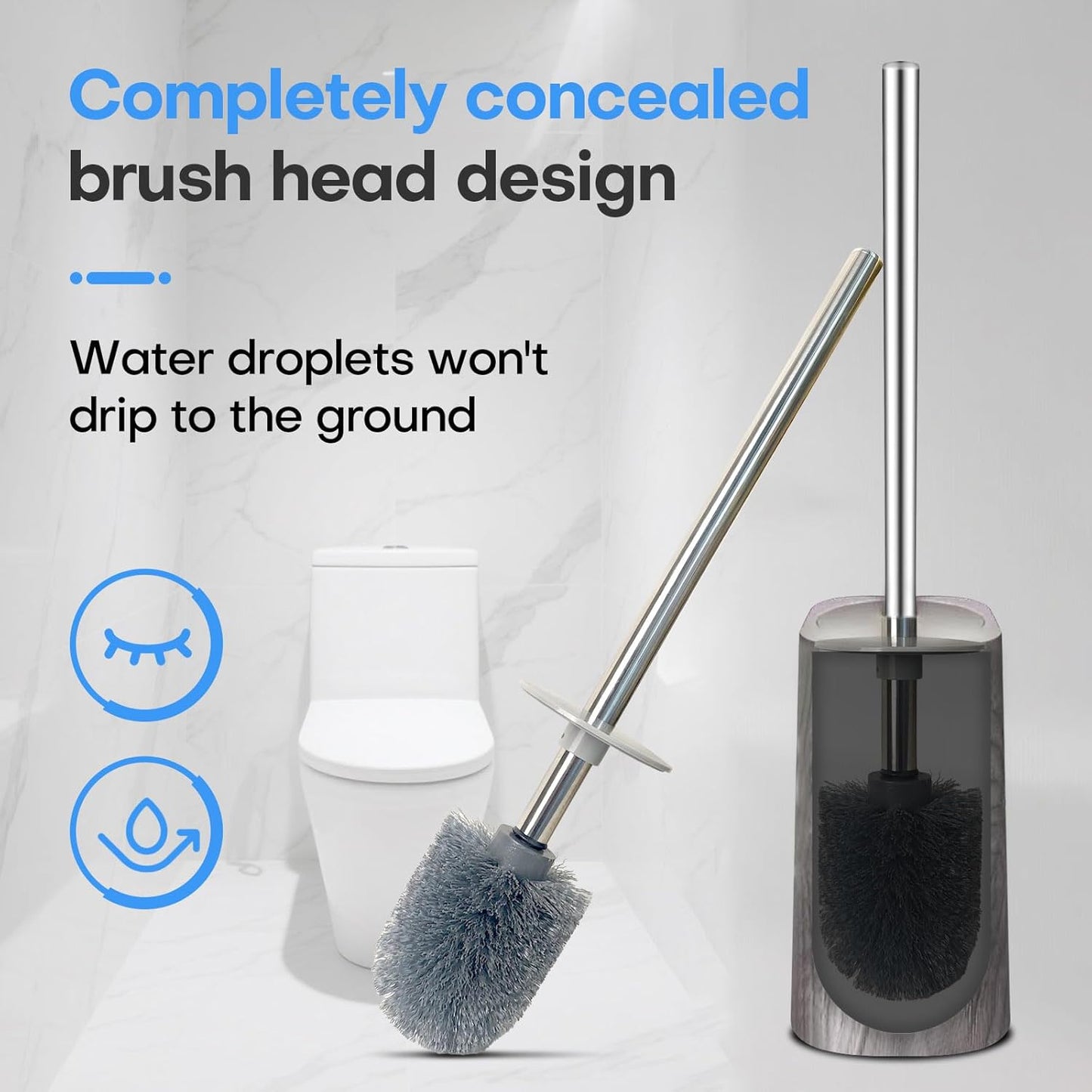 Marble Colored Toilet Brush and Holder Set,Stainless Steel Long Handle and Marble Colored Base for Bathroom Deep Cleaning，Space Saving for Storage，Drip-Proof，White