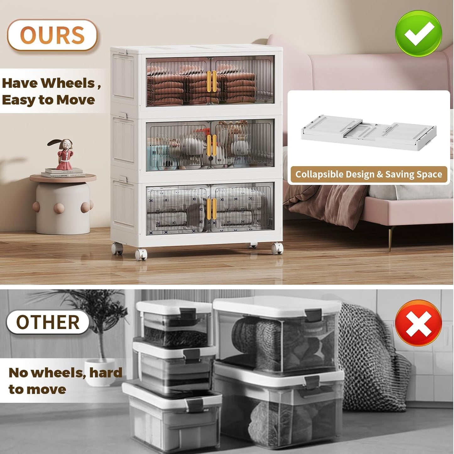 62 Gal Stackable Plastic Storage Bins with Lids 3 Tier, Collapsible Closet Organizers and Storage with Wheels for Living Room,Office,Dorm 26.8" W x 14.4" D x 37" H