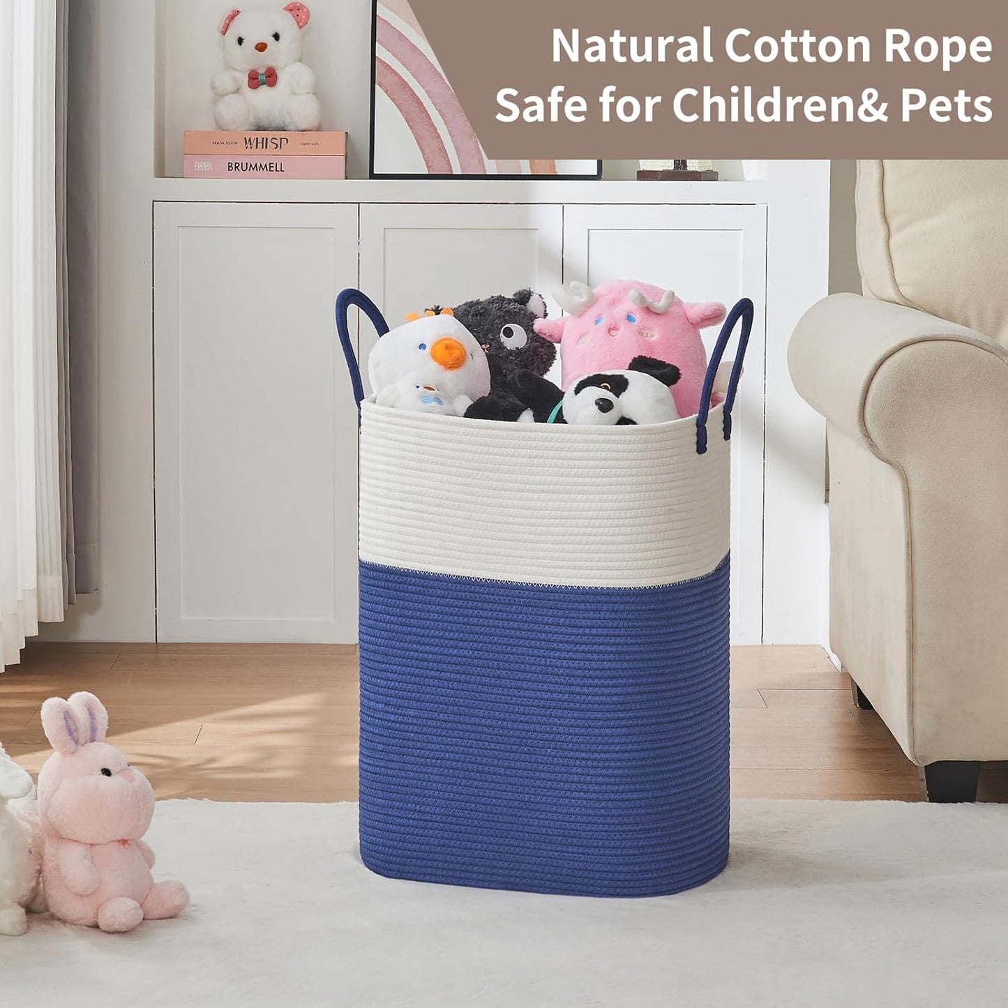 Laundry Basket with Handles - Blanket Basket & Hampers for Bedroom Aesthetic, Laundry Hamper & Blanket Storage for Living Room, Clothes Hamper, Tall, Large 17" x 14" x 23”, White & Dark Blue